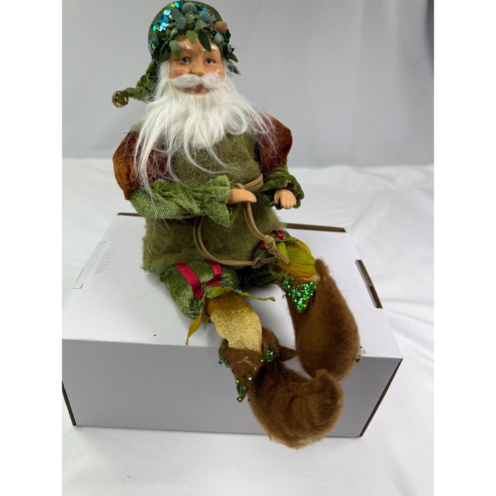 Woodland Santa Claus Elf Figurine Green Velvet Forest Holiday Decor Jingle Bell